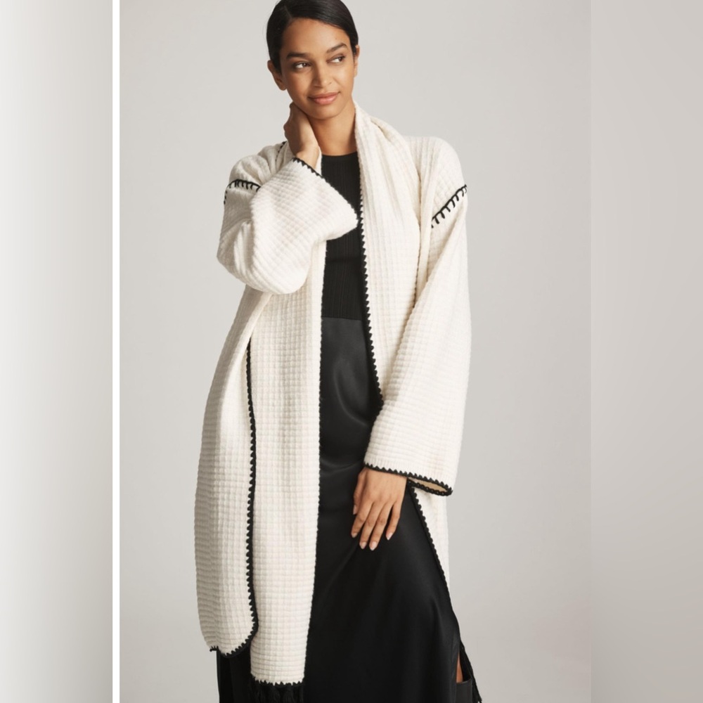 Anthropologie Cream Waffle-Knit Open Cardigan with Black Trim